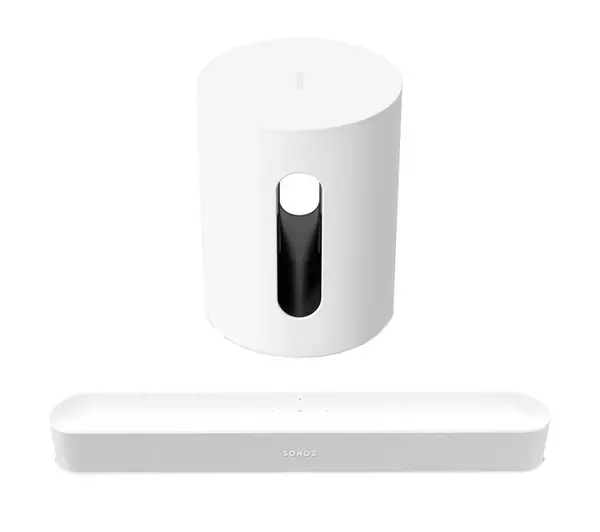 SONOS Beam (Gen 2) Compact Sound Bar & SUB Mini Wireless Subwoofer Bundle - White